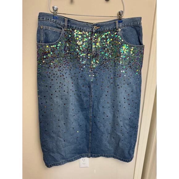 Vintage Plus Sized Just Blu Sequin Mermaid Skirt 22W Denim Back Slit 90’s - Picture 1 of 10
